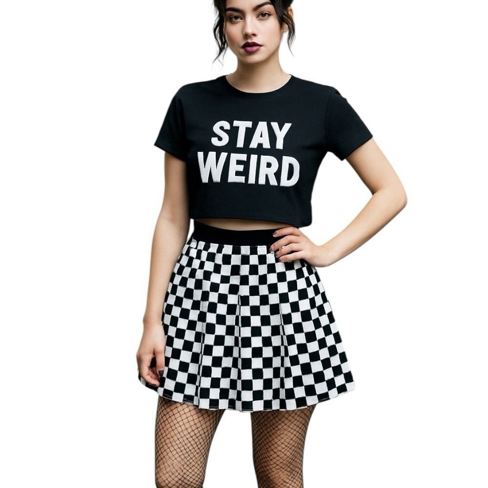 Romwe Large Black White Checkered Skater Mini Skirt Edgy Streetwear Y2K Style